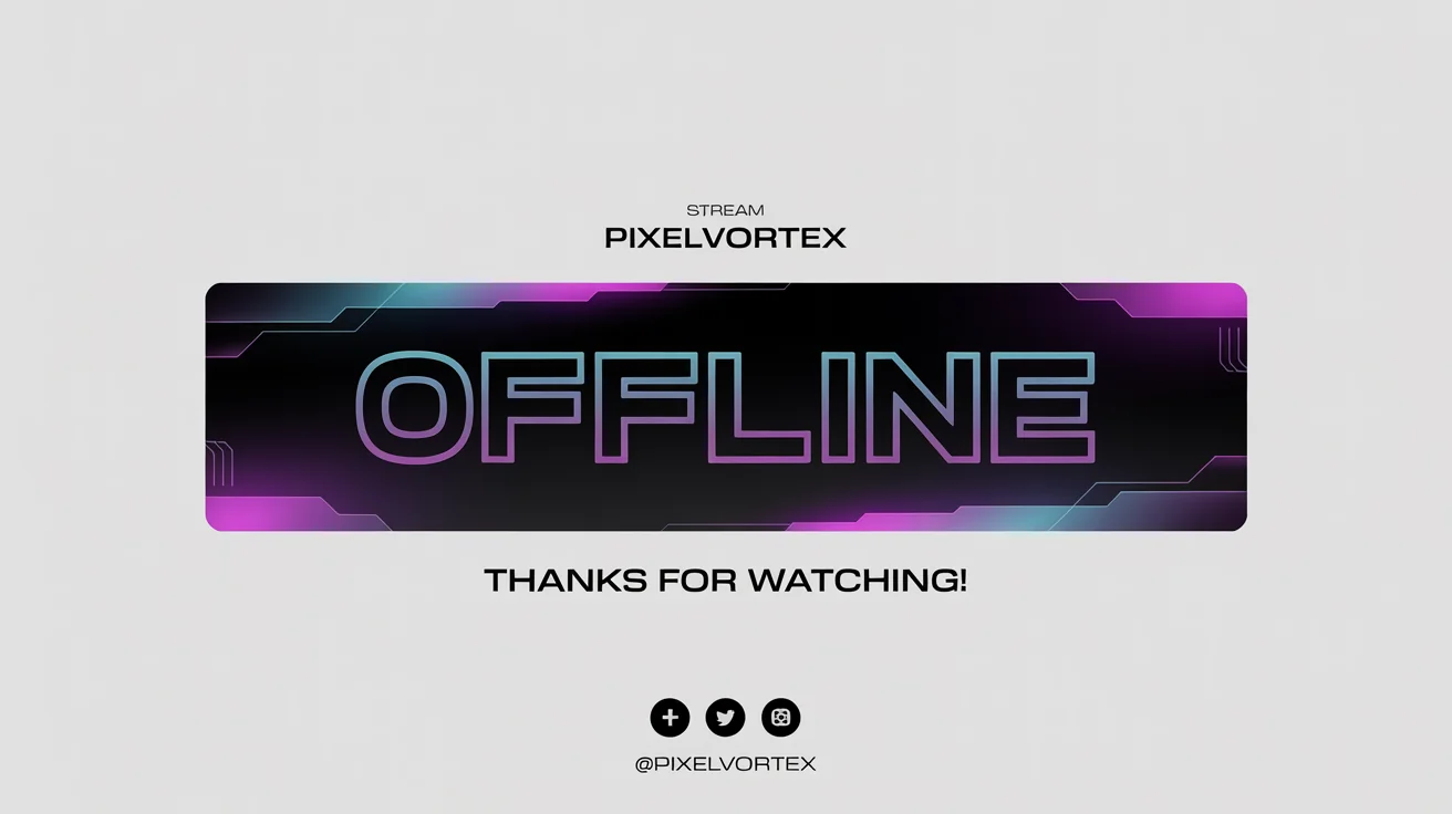 A futuristic, dark-themed stream offline banner with the word 'OFFLINE' in glowing neon letters, presented as a mockup on a white background.