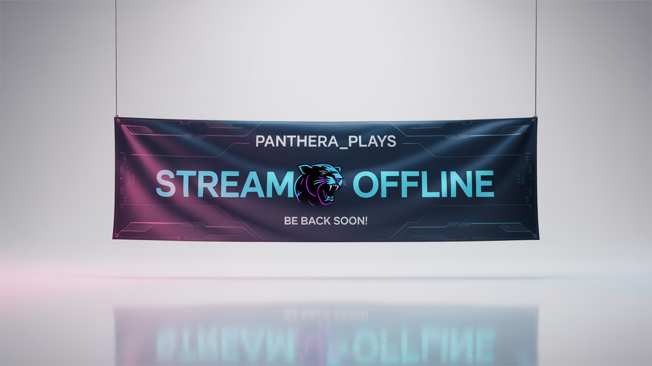 A mockup of a futuristic stream offline banner against a white background, featuring a neon panther logo and the text 'STREAM OFFLINE' and 'PANTHERA_PLAYS'.