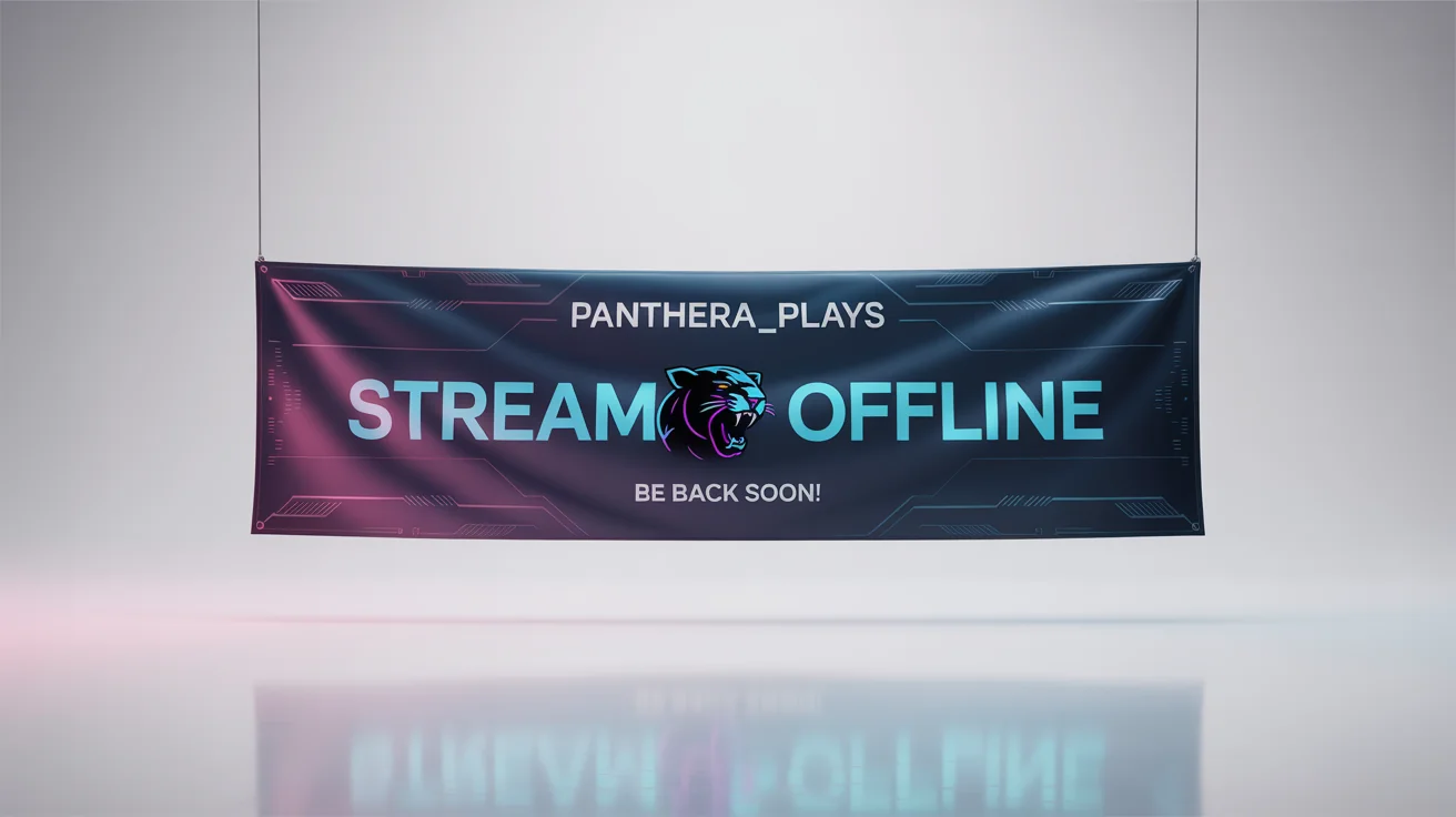 A mockup of a futuristic stream offline banner against a white background, featuring a neon panther logo and the text 'STREAM OFFLINE' and 'PANTHERA_PLAYS'.