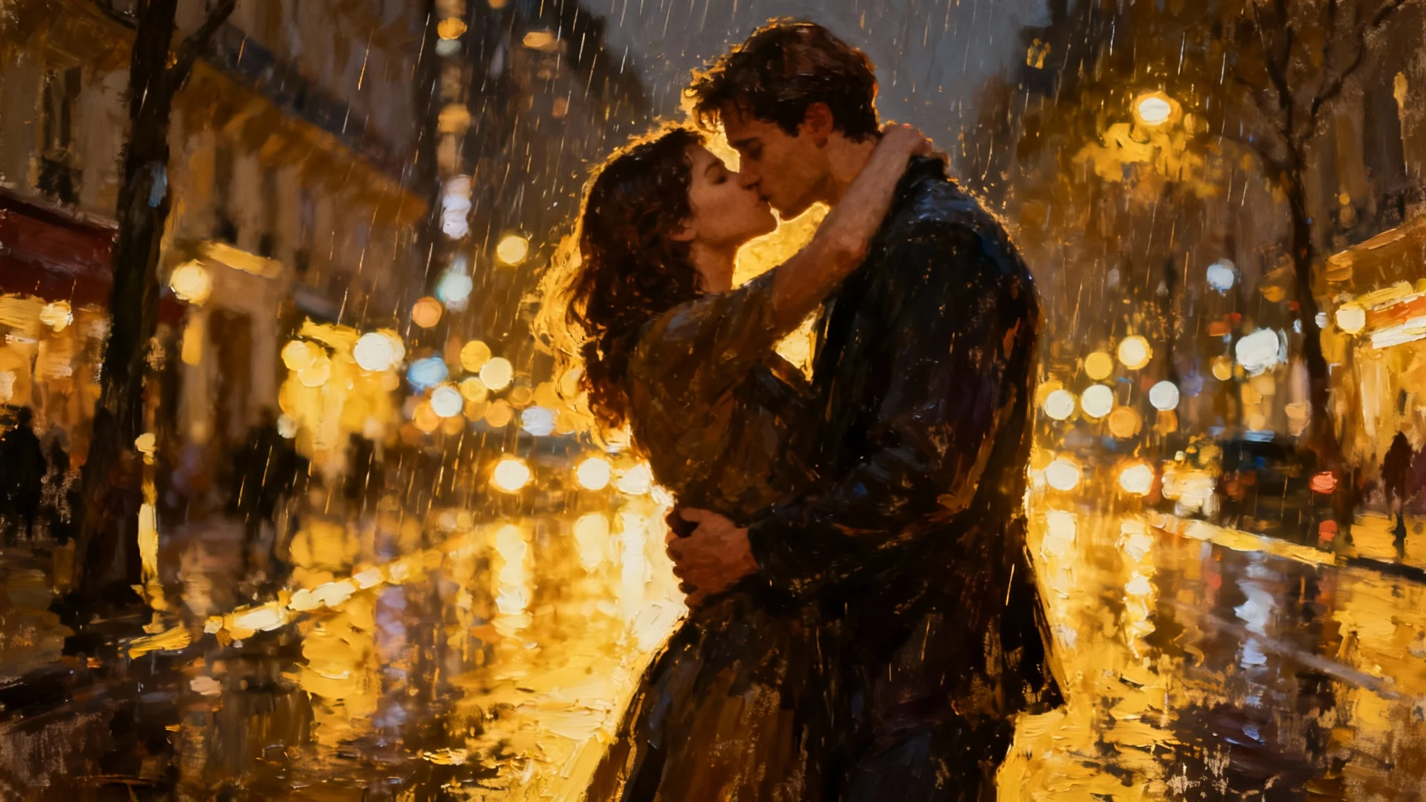 A stunning, artistic digital painting of a couple embracing passionately on a rainy city street at night, demonstrating the romantic art style.