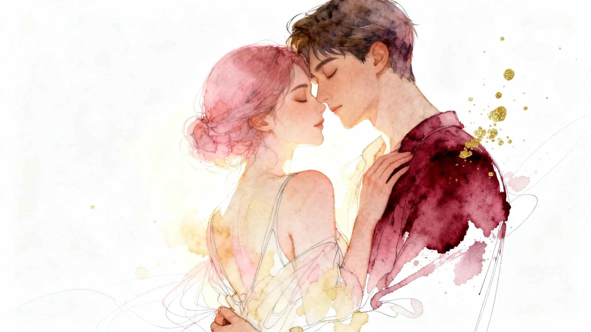 An artistic painting in a watercolor style depicting a couple in a close, romantic embrace against a clean white background.