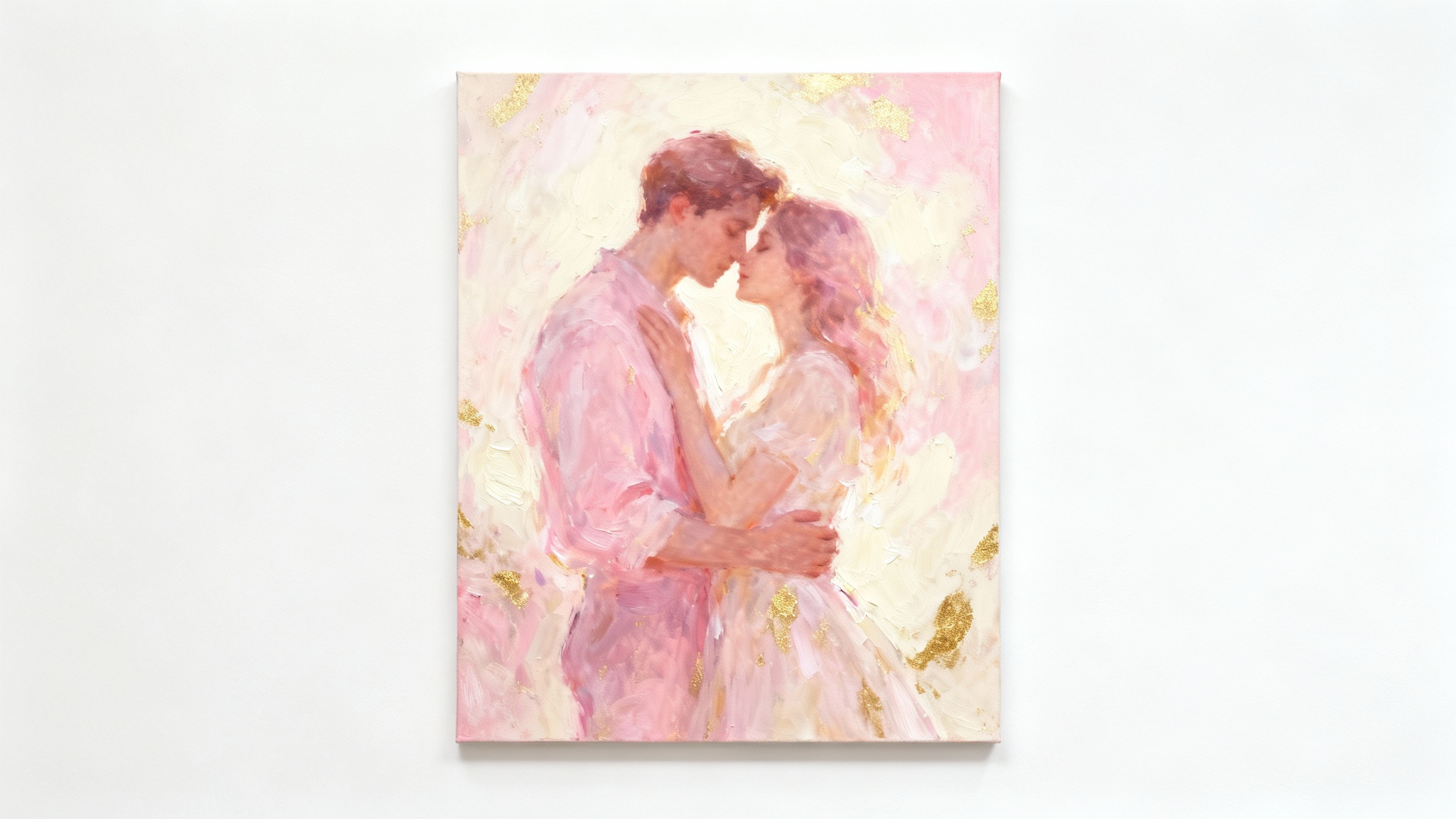 A modern impressionistic painting of a couple in a romantic embrace, using a warm color palette of pink and gold, displayed against a solid white background.