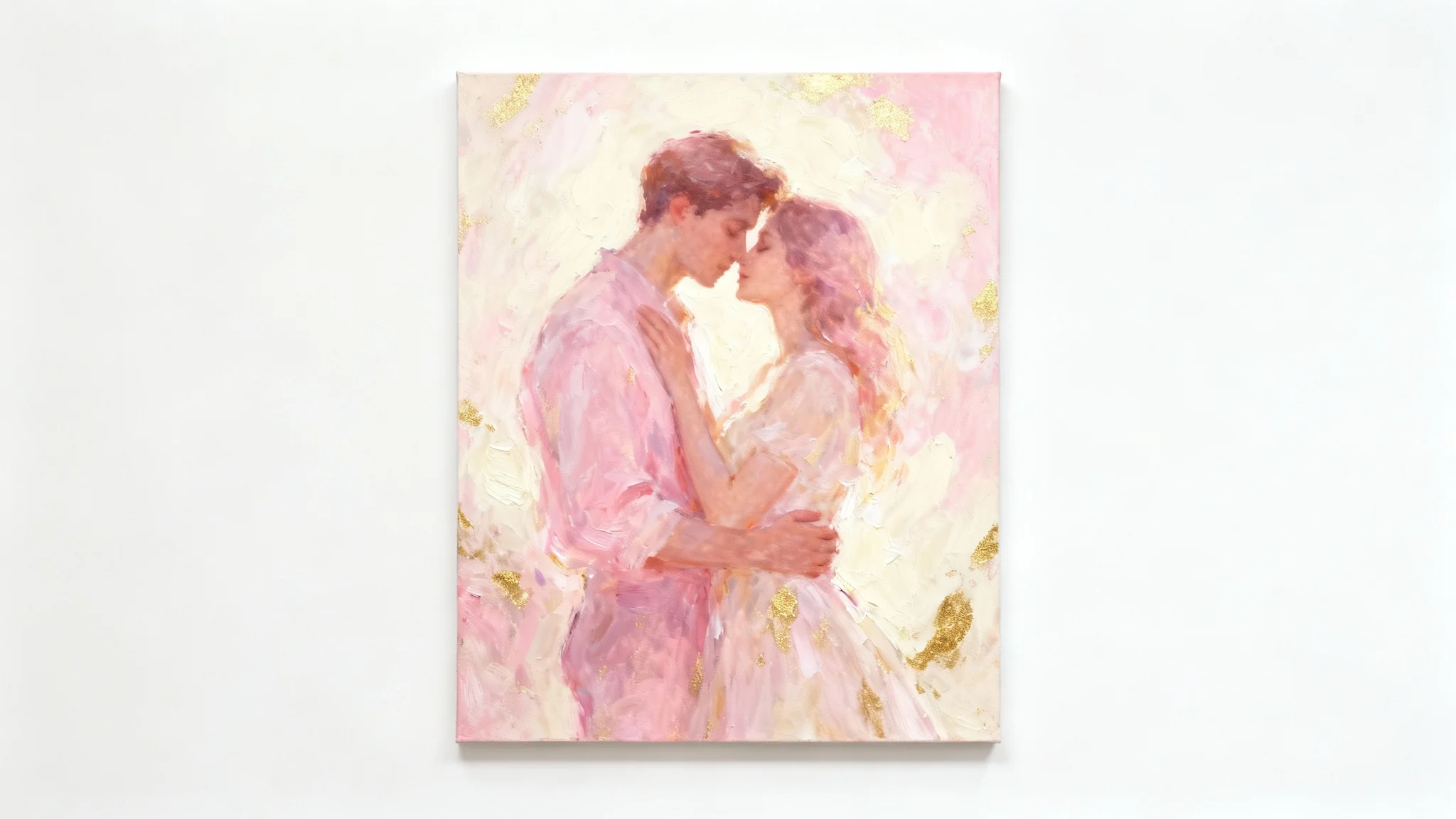 A modern impressionistic painting of a couple in a romantic embrace, using a warm color palette of pink and gold, displayed against a solid white background.