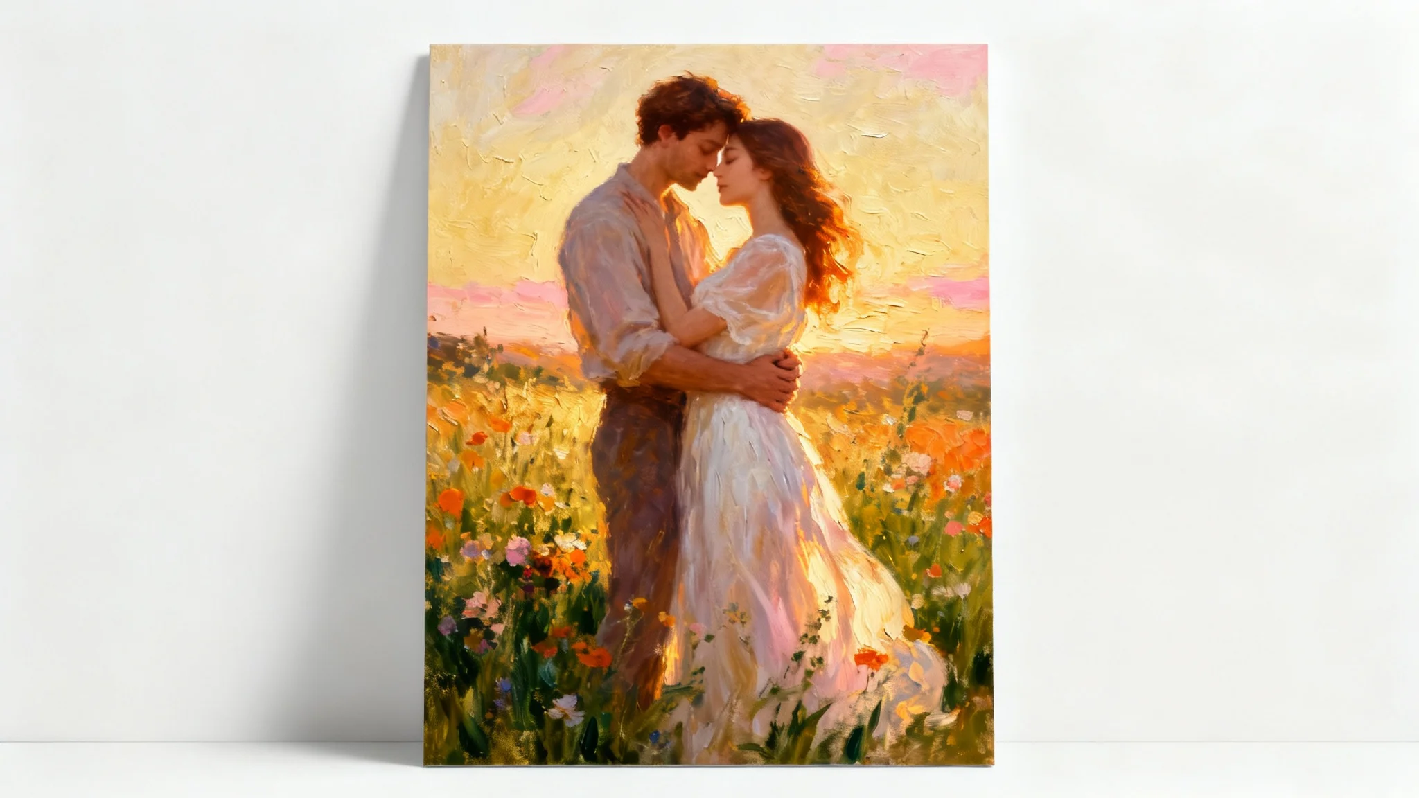 An impressionist oil painting of a romantic couple embracing in a field of wildflowers at sunset, presented as a piece of art on a white background.