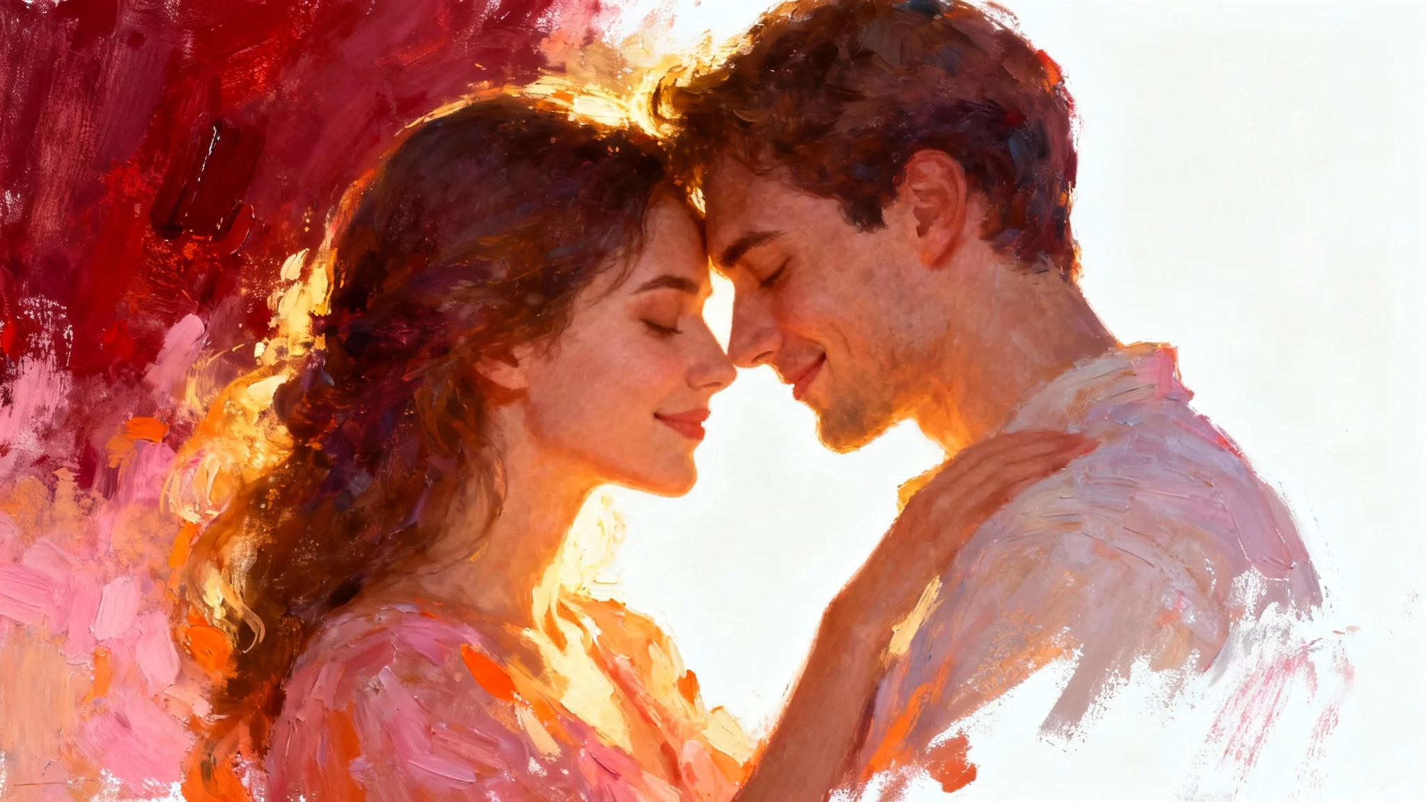 An impressionistic digital painting of a couple in a tender embrace, bathed in warm, golden light, conveying a deep sense of romance and intimacy.