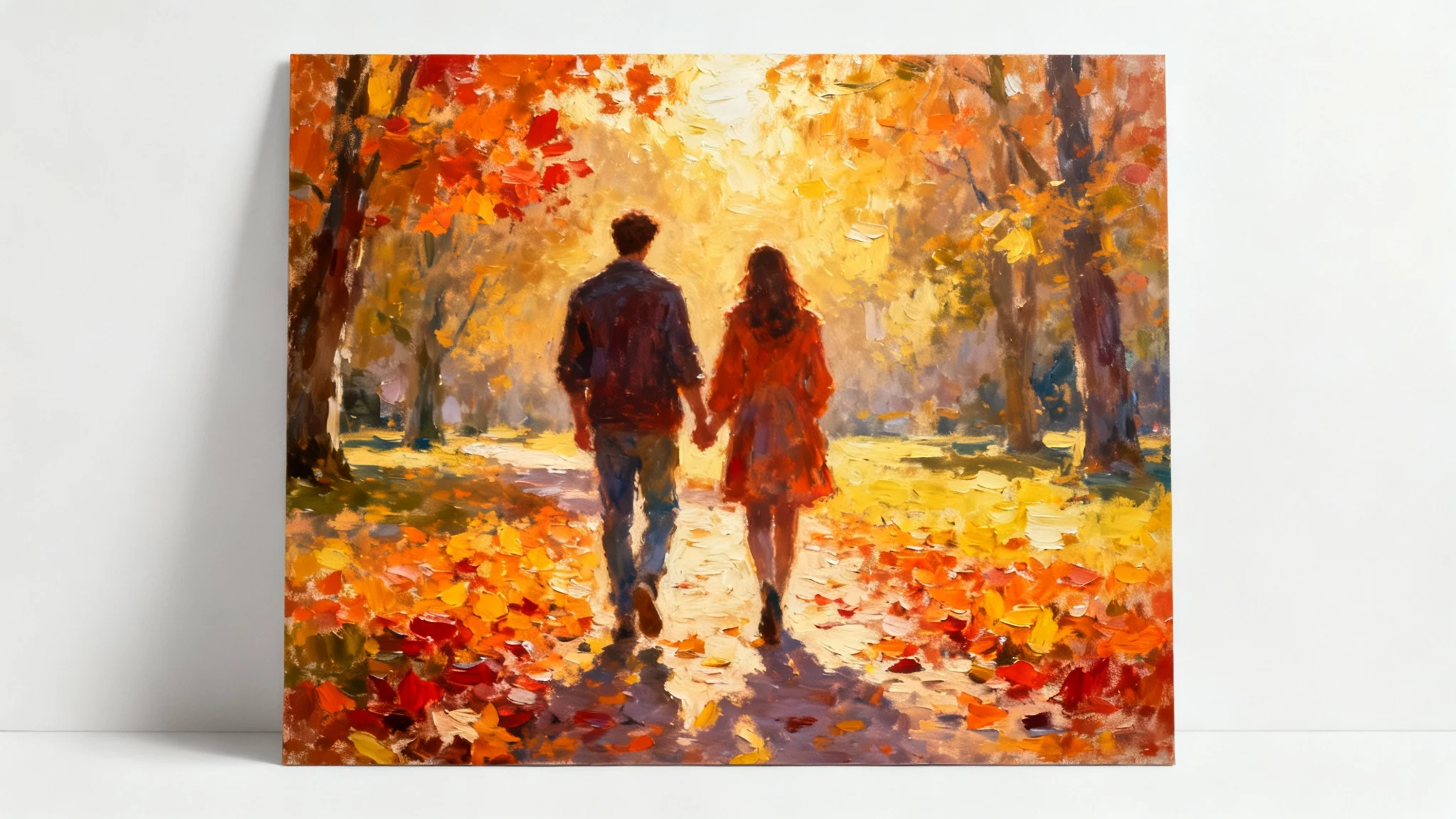 An impressionistic painting of a couple holding hands while walking through a park in autumn, evoking a romantic and warm feeling. The image is a mockup on a white background.