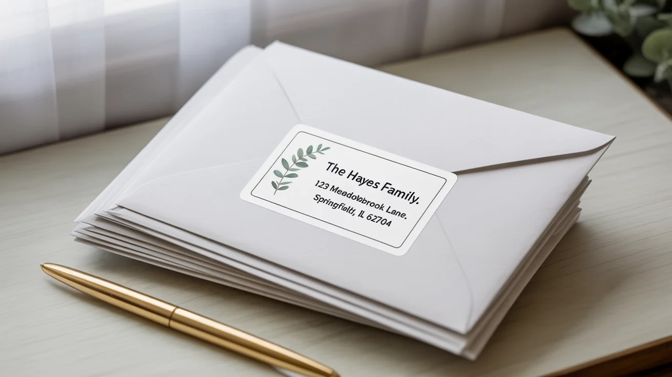 A close-up shot of a stack of envelopes, with the top one featuring a custom-designed, professionally printed address label for 'The Hayes Family'.
