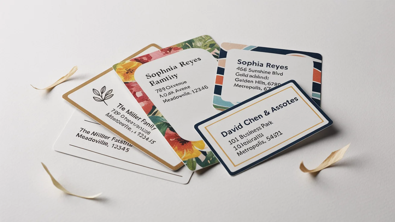 A mockup of three different custom address labels laid out on a white surface. One has a minimalist leaf design, another has a watercolor floral pattern, and the third features a modern geometric print, each with a fictional name and address.