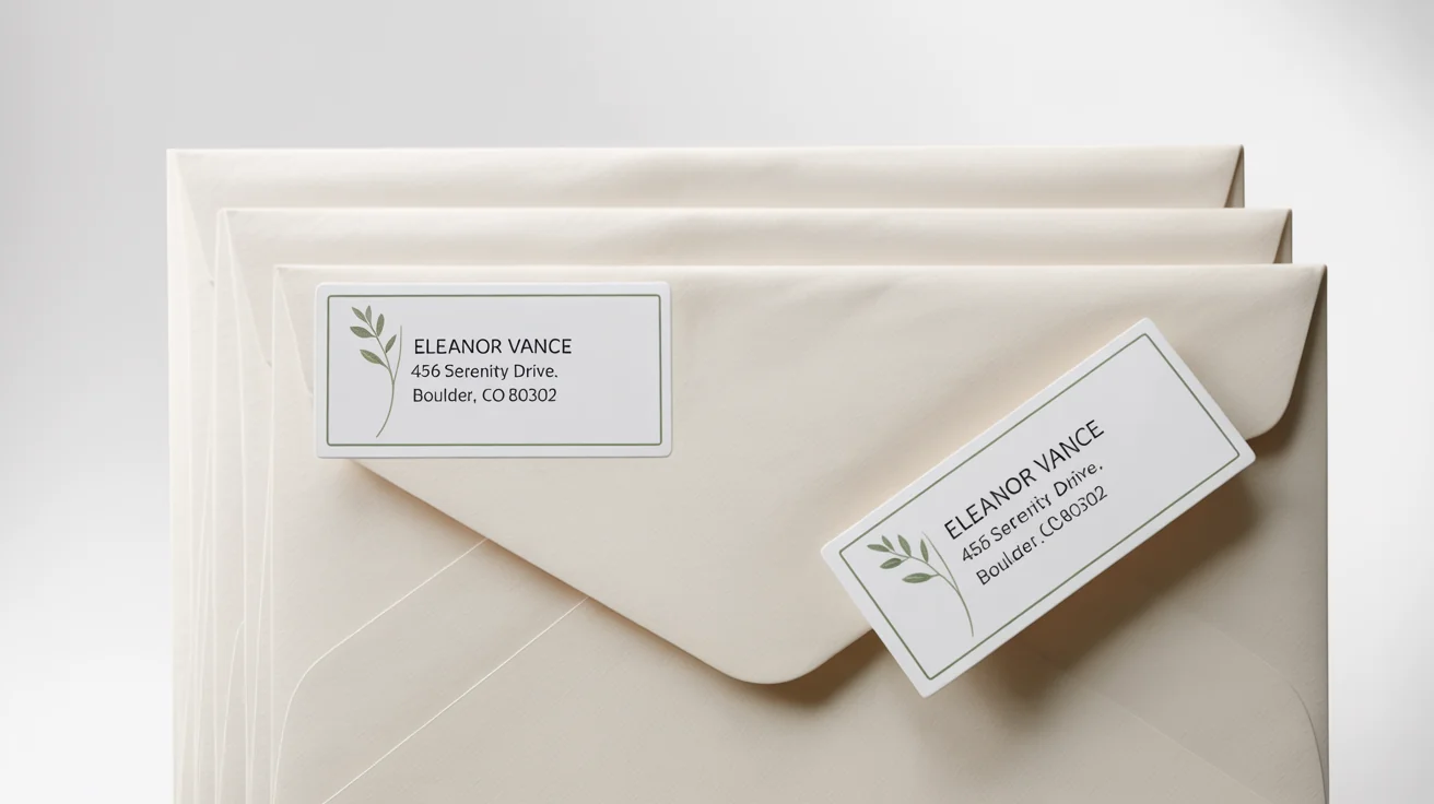 A photorealistic mockup of custom address labels, showing an elegant label with the name 'Eleanor Vance' on a white envelope, set against a clean white background.