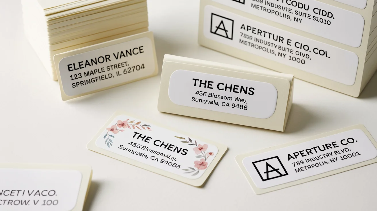 A clean, professional mockup of various custom address labels laid flat on a white background, showcasing different design styles from minimalist to floral with fictional names and addresses.