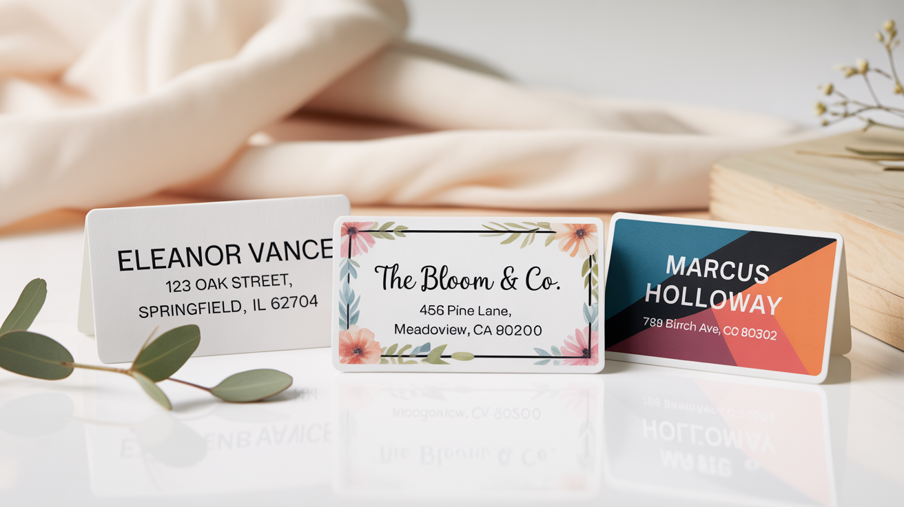 A mockup of three different custom address labels on a white background. One is minimalist, one has a floral design, and one is modern and geometric, each with a fictional name and address.