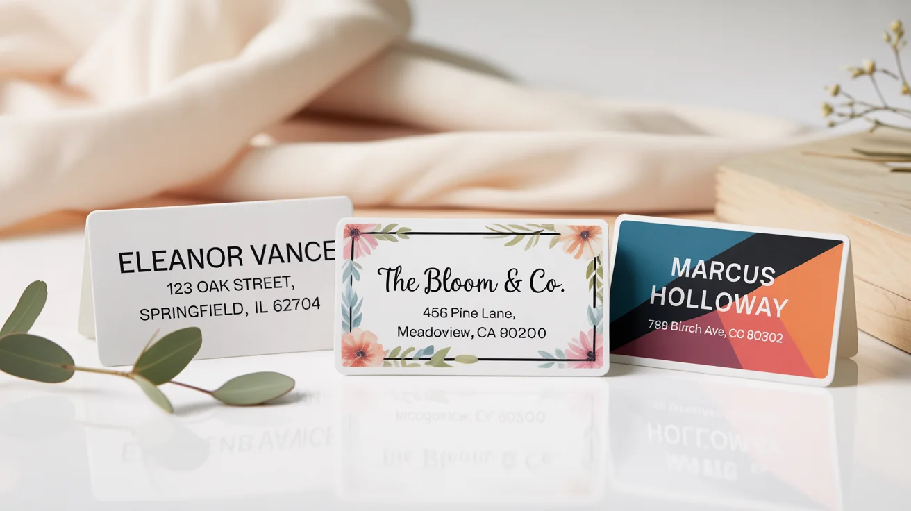 A mockup of three different custom address labels on a white background. One is minimalist, one has a floral design, and one is modern and geometric, each with a fictional name and address.