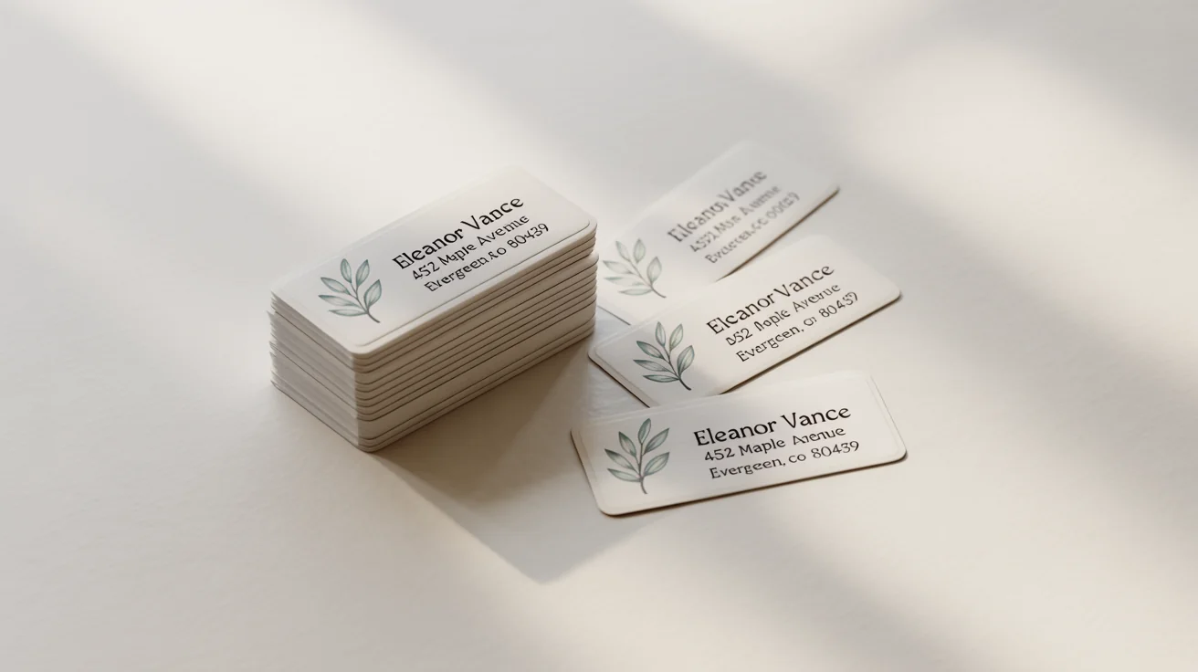 A professional mockup of several address labels with a minimalist leaf design and a fictional address, displayed neatly on a clean white background.
