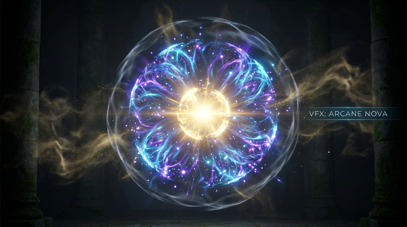 A final, polished render of an epic magical spell effect, showcasing a powerful explosion of blue, purple, and gold energy against a dark background, representing a finished asset for a video game.