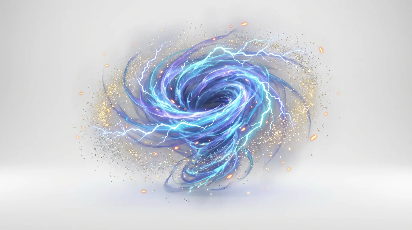A hyper-realistic digital illustration of a magical spell effect, showing a swirling vortex of blue and purple energy with crackling lightning, isolated on a plain white background.
