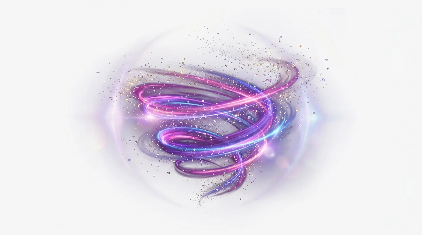 A vibrant and dynamic magic spell effect, featuring swirling purple and blue energy with glowing particles, isolated on a white background.