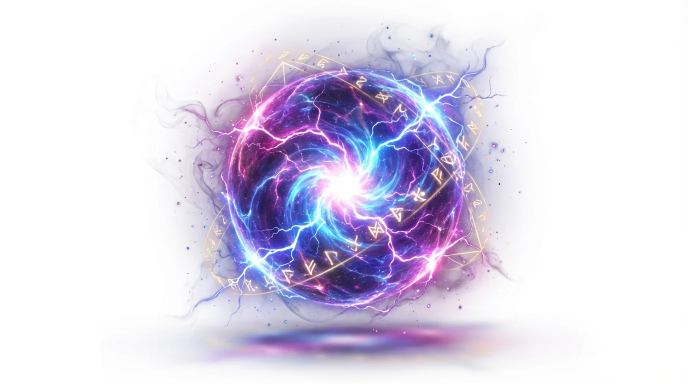 A dynamic and colorful magical spell effect, depicted as a swirling sphere of purple and blue energy with glowing runes, isolated on a clean white background.