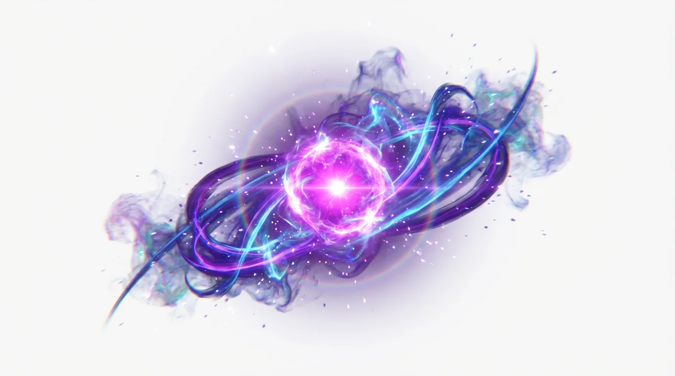 A photorealistic digital rendering of a magical arcane spell effect. Swirling ribbons of purple, blue, and magenta light emanate from a bright central core, surrounded by glowing particles, all set against a plain white background.
