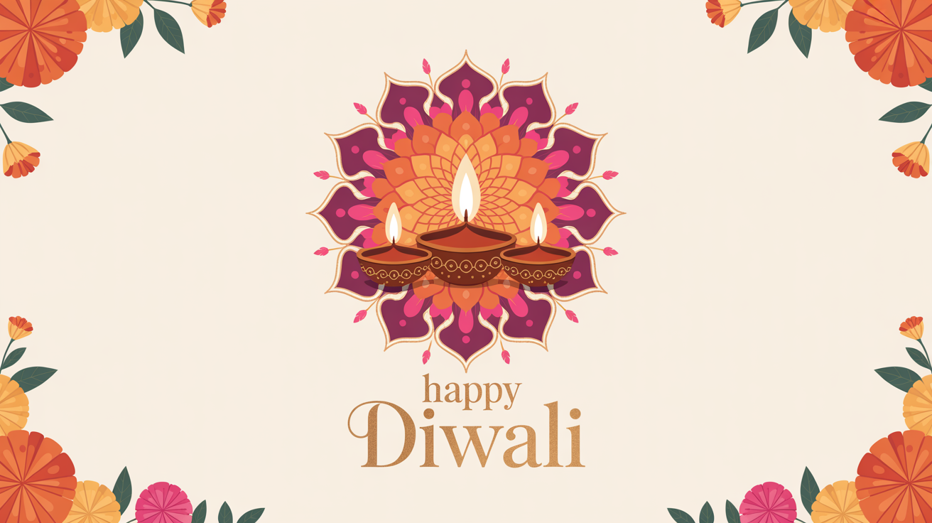 A beautifully designed Diwali greeting card with 'Happy Diwali' in elegant script, decorated with vibrant rangoli patterns and glowing diyas, presented as a final product on a clean surface.
