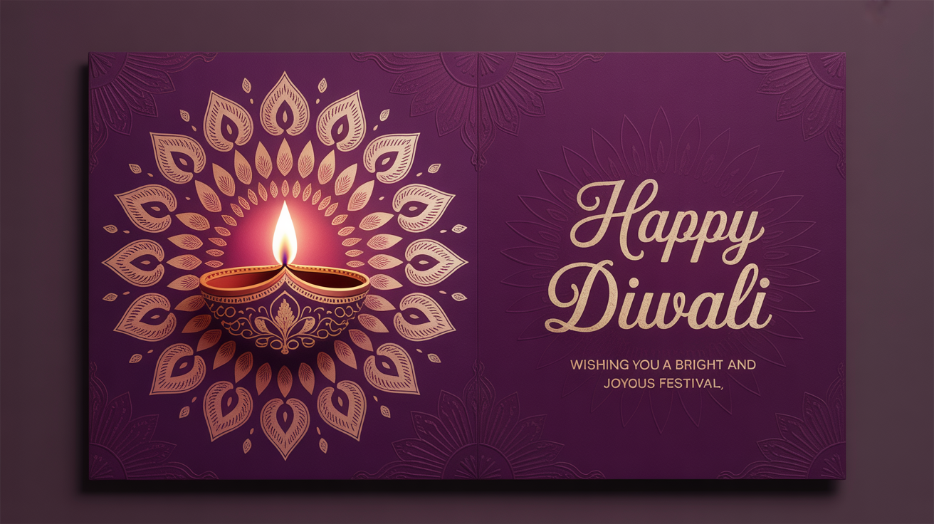 A sophisticated Diwali greeting card mockup with a deep purple background, gold foil rangoli patterns, and the text 'Happy Diwali' in elegant script, displayed on a clean white surface.