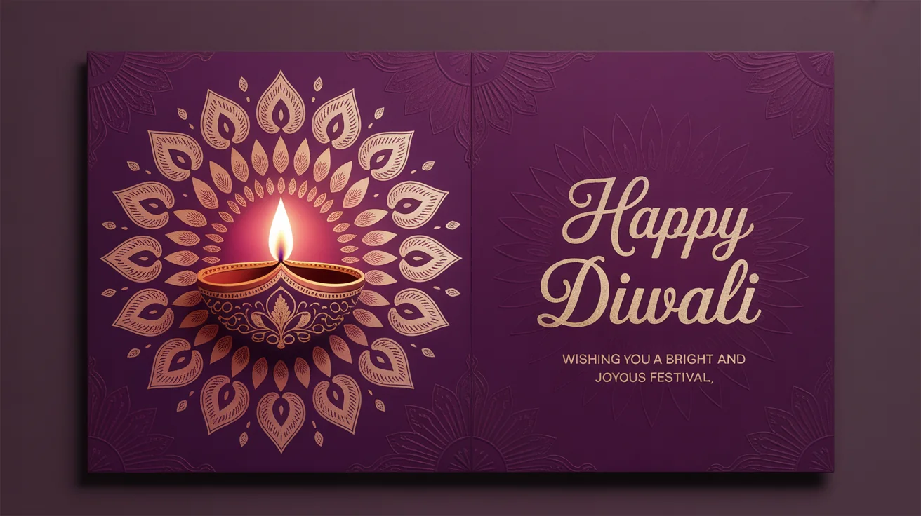 A sophisticated Diwali greeting card mockup with a deep purple background, gold foil rangoli patterns, and the text 'Happy Diwali' in elegant script, displayed on a clean white surface.