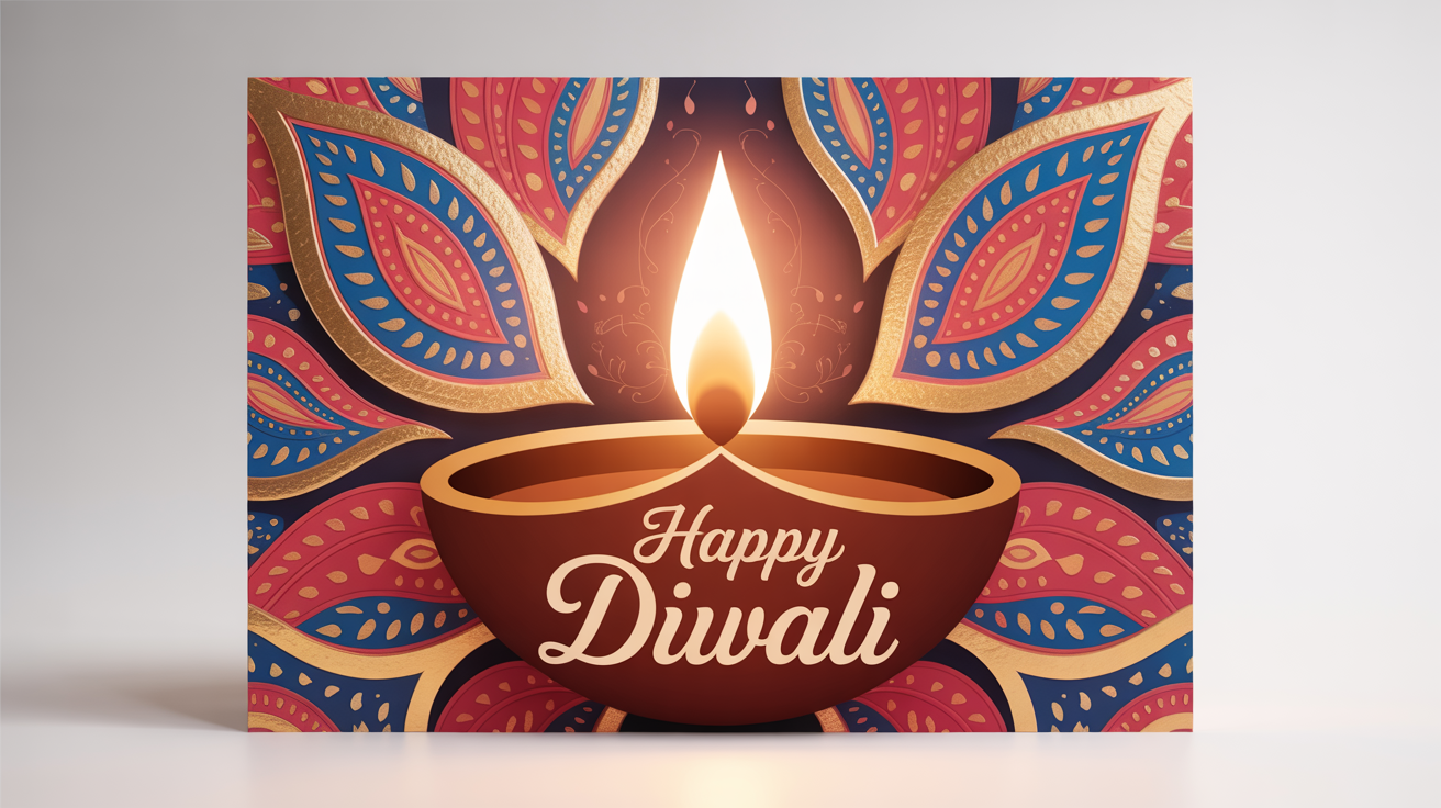 An ornate and luxurious Diwali greeting card with gold foil details and elegant script reading 'Happy Diwali', displayed on a clean white background.