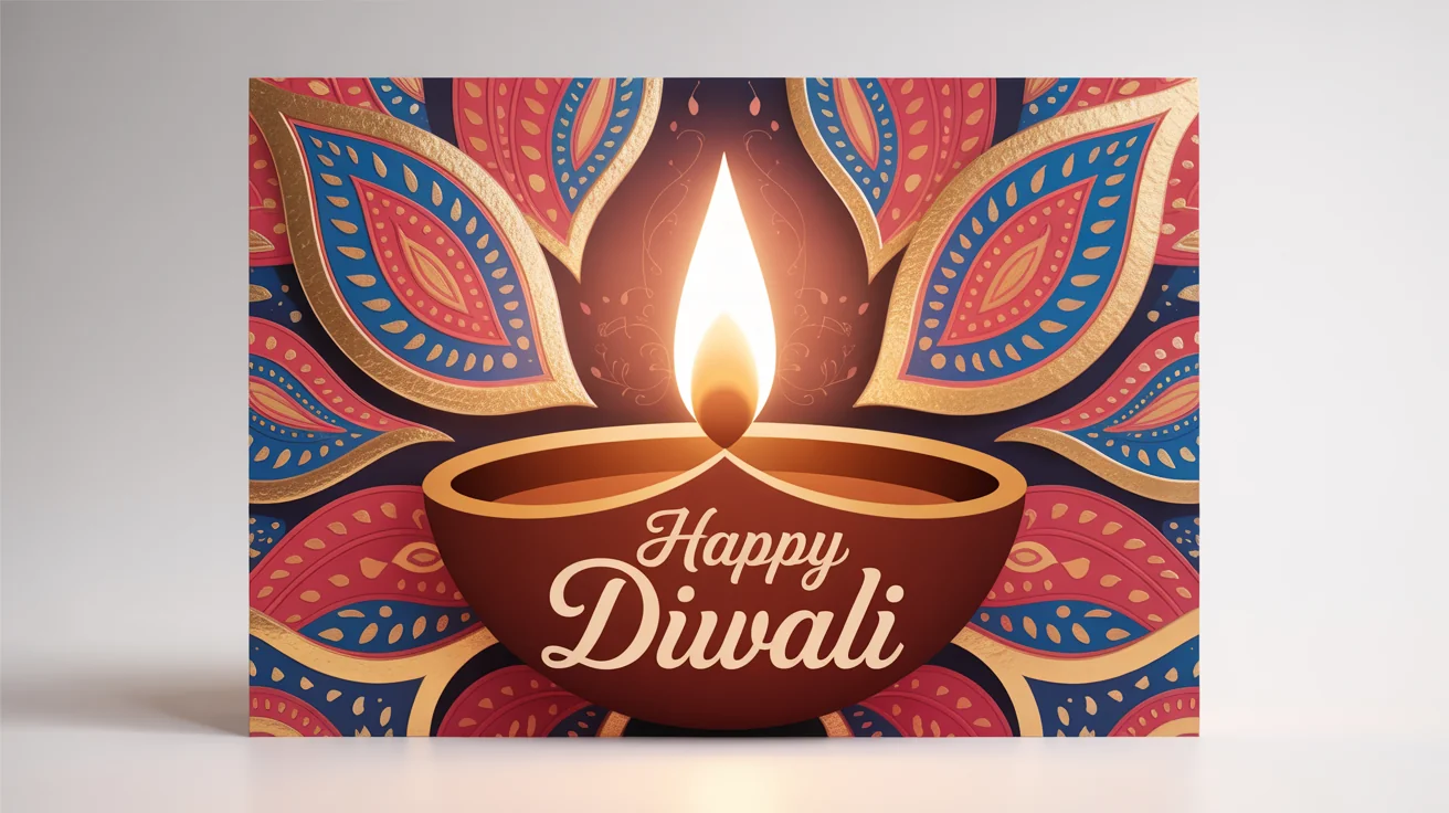 An ornate and luxurious Diwali greeting card with gold foil details and elegant script reading 'Happy Diwali', displayed on a clean white background.