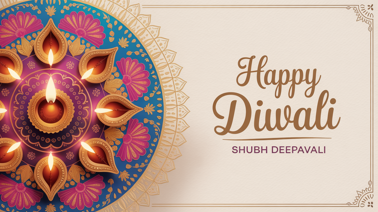 An elegant Diwali greeting card mockup standing on a white surface, featuring vibrant rangoli art, diya lamps, and the words 'Happy Diwali' in gold script.