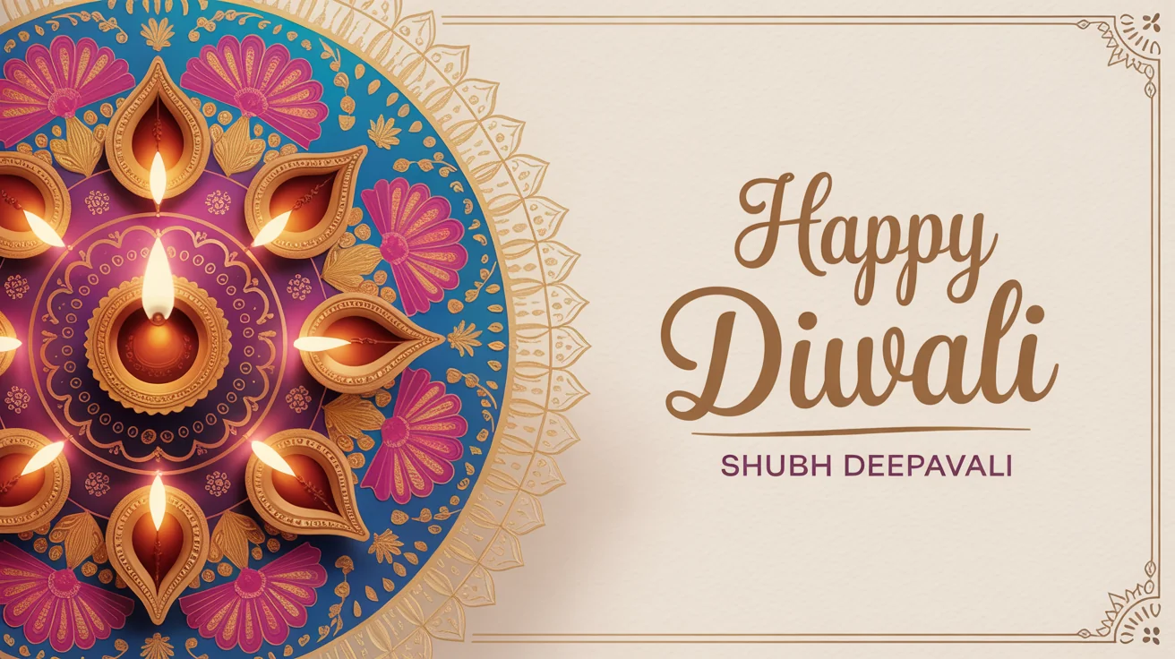 An elegant Diwali greeting card mockup standing on a white surface, featuring vibrant rangoli art, diya lamps, and the words 'Happy Diwali' in gold script.
