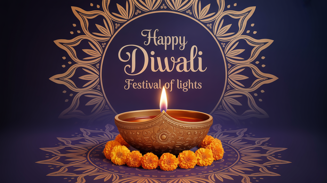 An elegant Diwali greeting card featuring a lit diya, a gold mandala, and 'Happy Diwali' text, displayed against a plain white background with marigold petals.