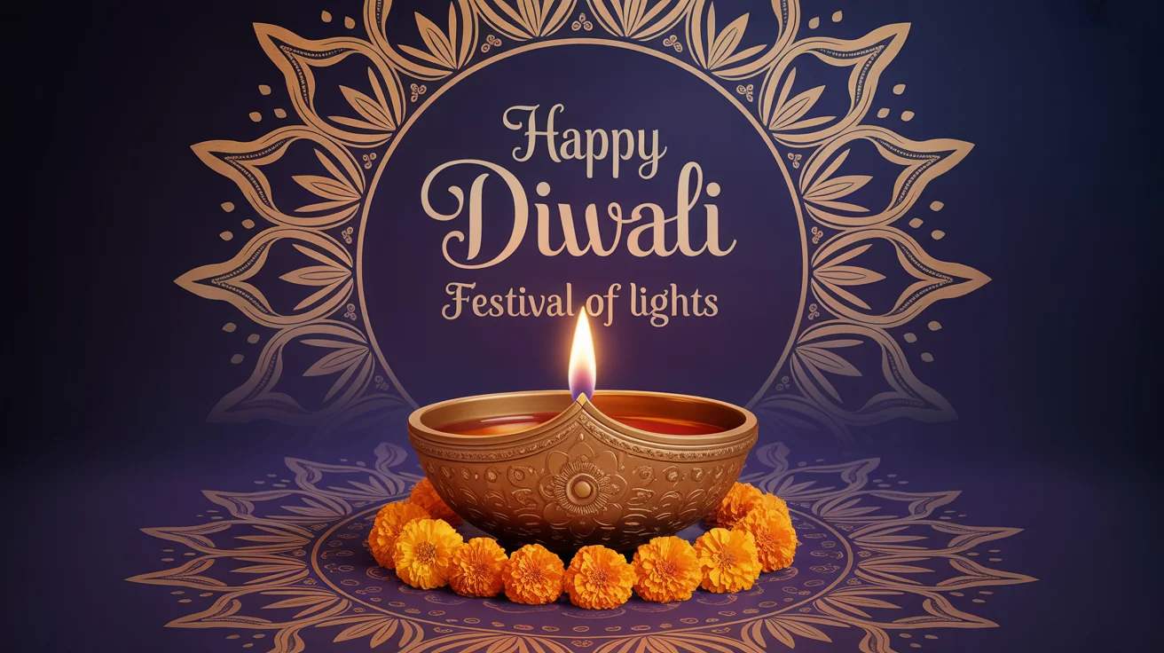 An elegant Diwali greeting card featuring a lit diya, a gold mandala, and 'Happy Diwali' text, displayed against a plain white background with marigold petals.