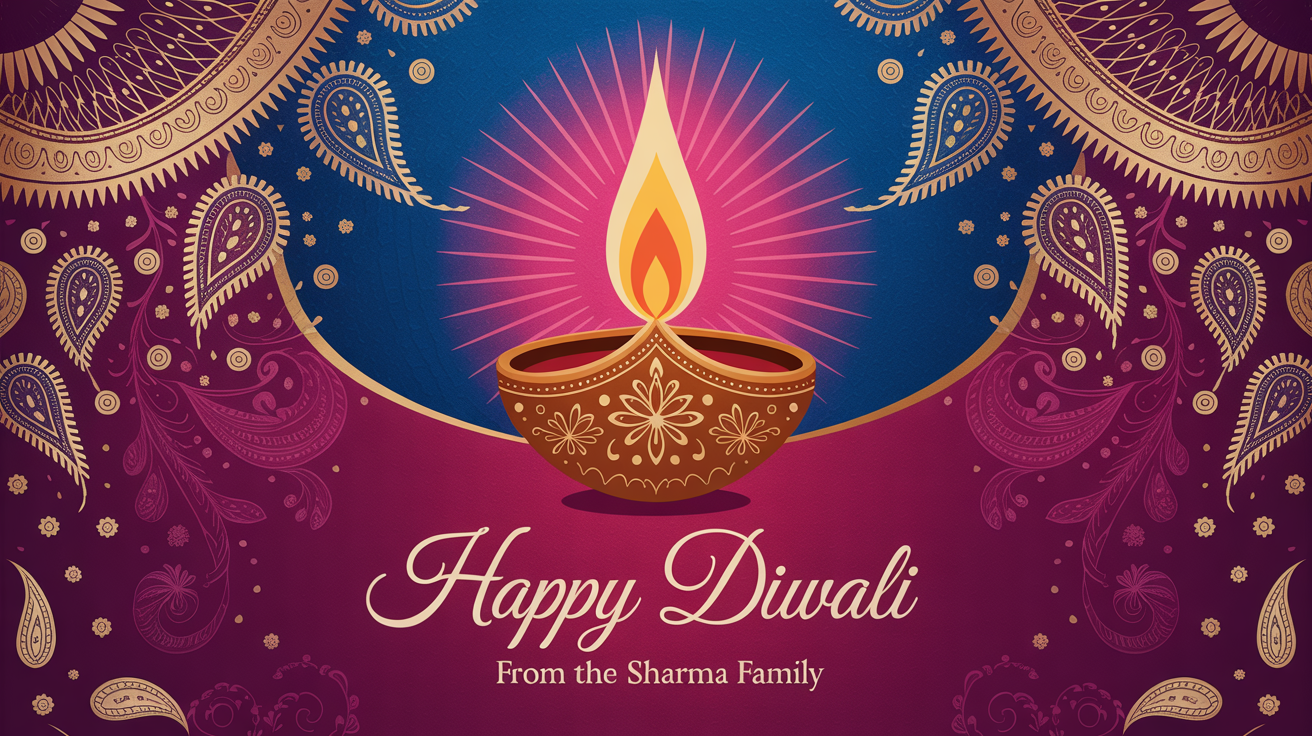 A beautifully designed Diwali greeting card with gold foil details and a glowing lamp, standing on a clean white background with the text 'Happy Diwali'.