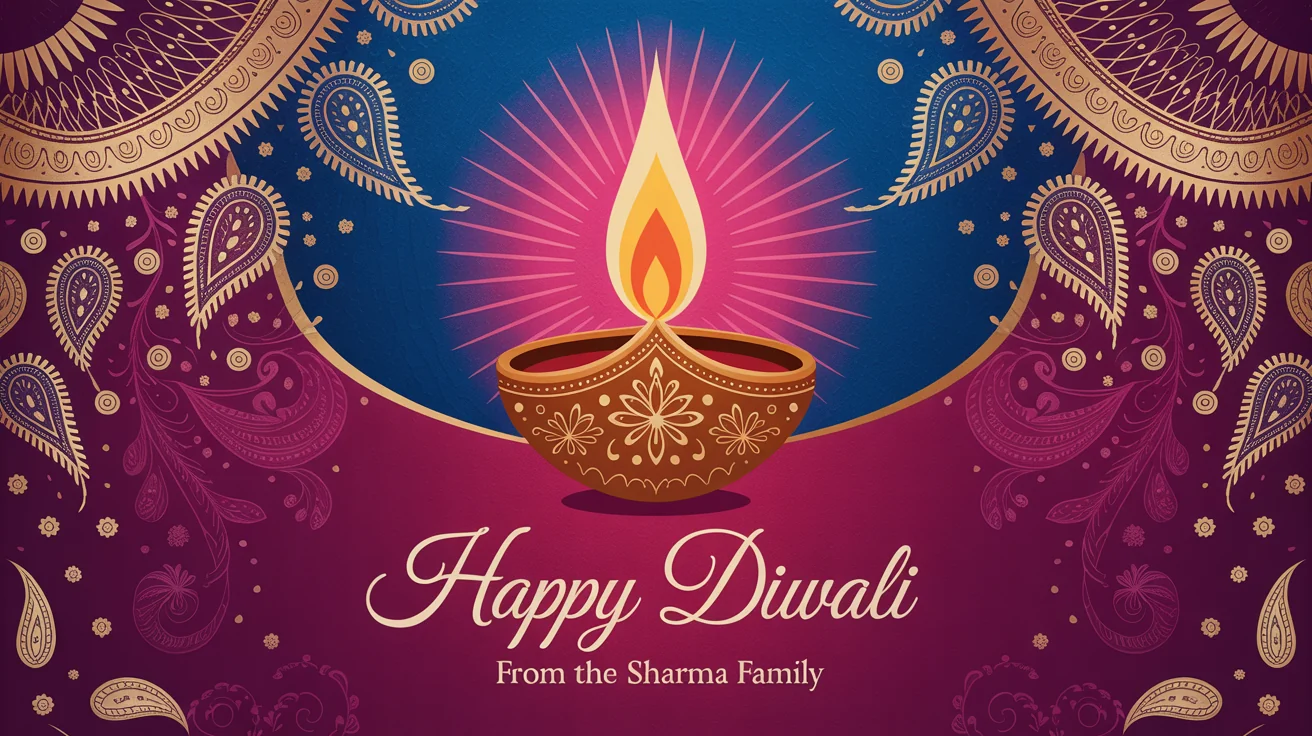 A beautifully designed Diwali greeting card with gold foil details and a glowing lamp, standing on a clean white background with the text 'Happy Diwali'.