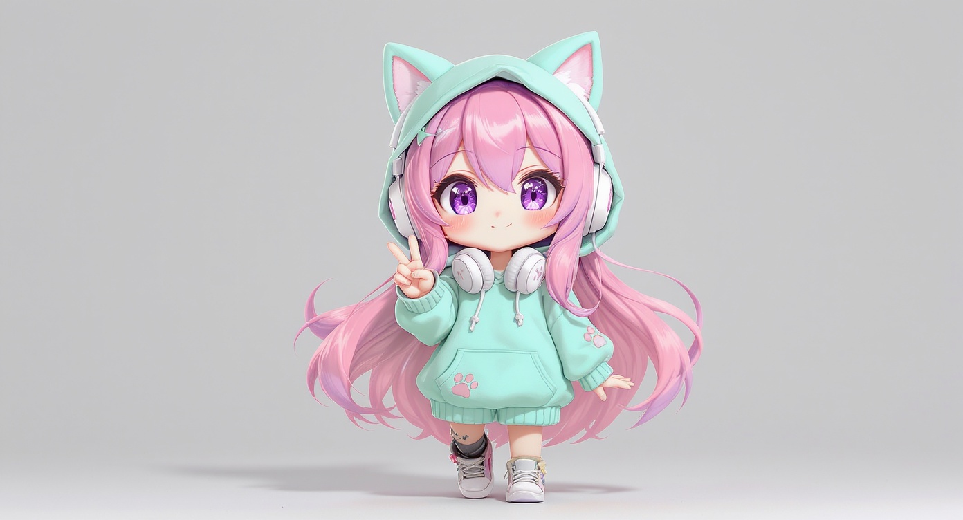 An adorable chibi avatar of a girl with pastel pink hair and purple eyes, wearing a green cat-ear hoodie and headphones, posing against a clean white background.