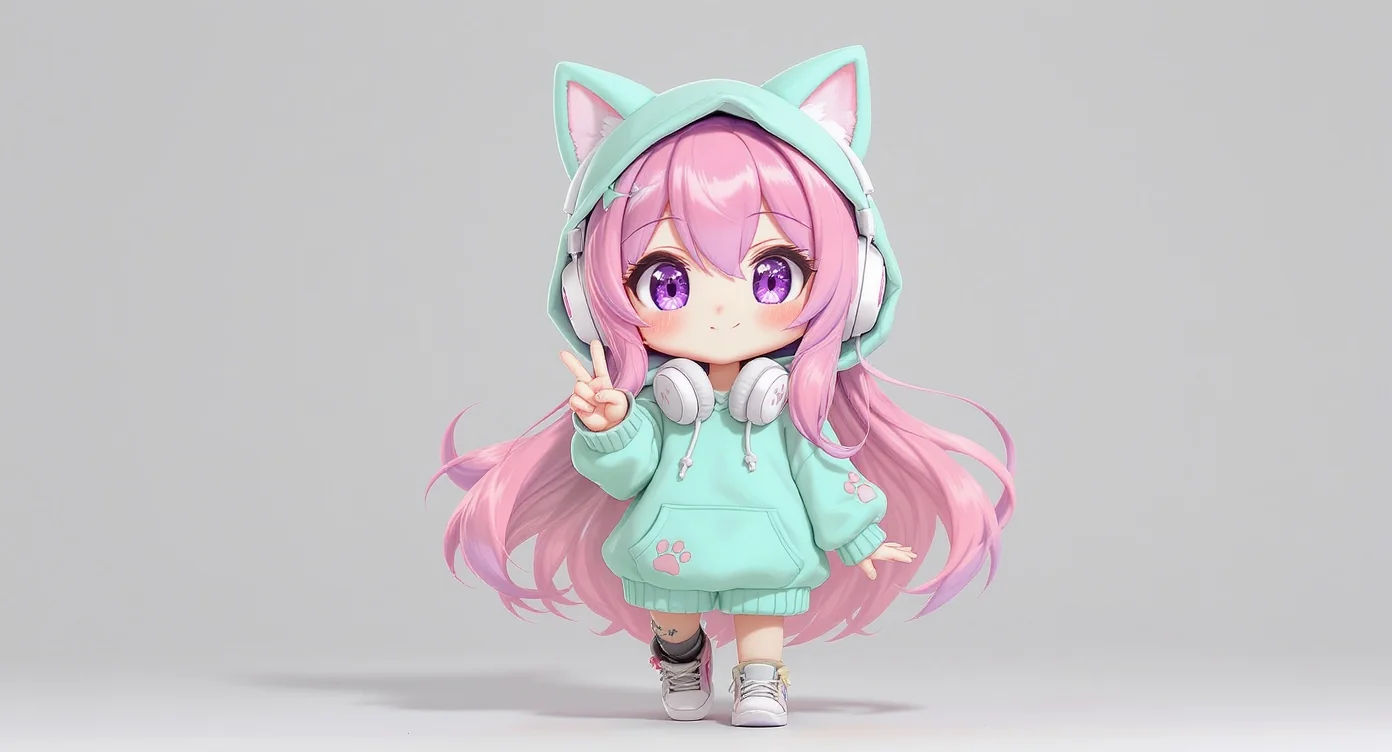 An adorable chibi avatar of a girl with pastel pink hair and purple eyes, wearing a green cat-ear hoodie and headphones, posing against a clean white background.