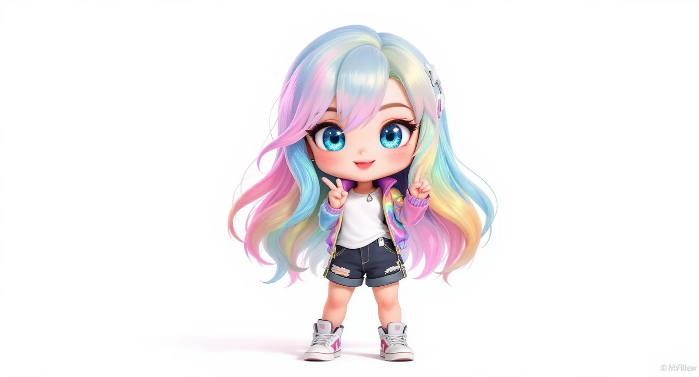A 3D rendered mockup of a unique chibi avatar, featuring a girl with pastel rainbow hair and a futuristic jacket, posing cheerfully against a plain white background.