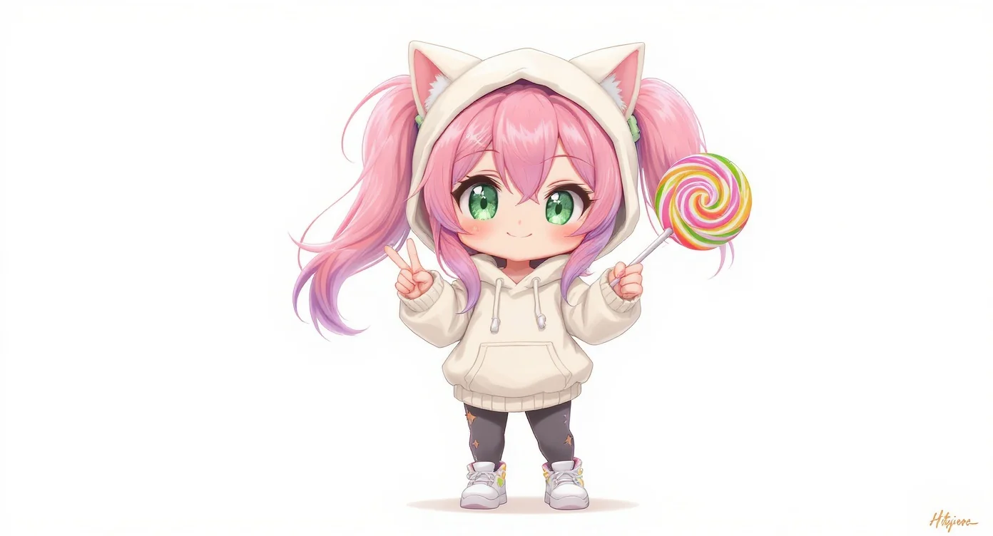 A custom-designed chibi avatar of a girl with pink and purple hair in a cat-ear hoodie, winking and holding a lollipop against a white background.