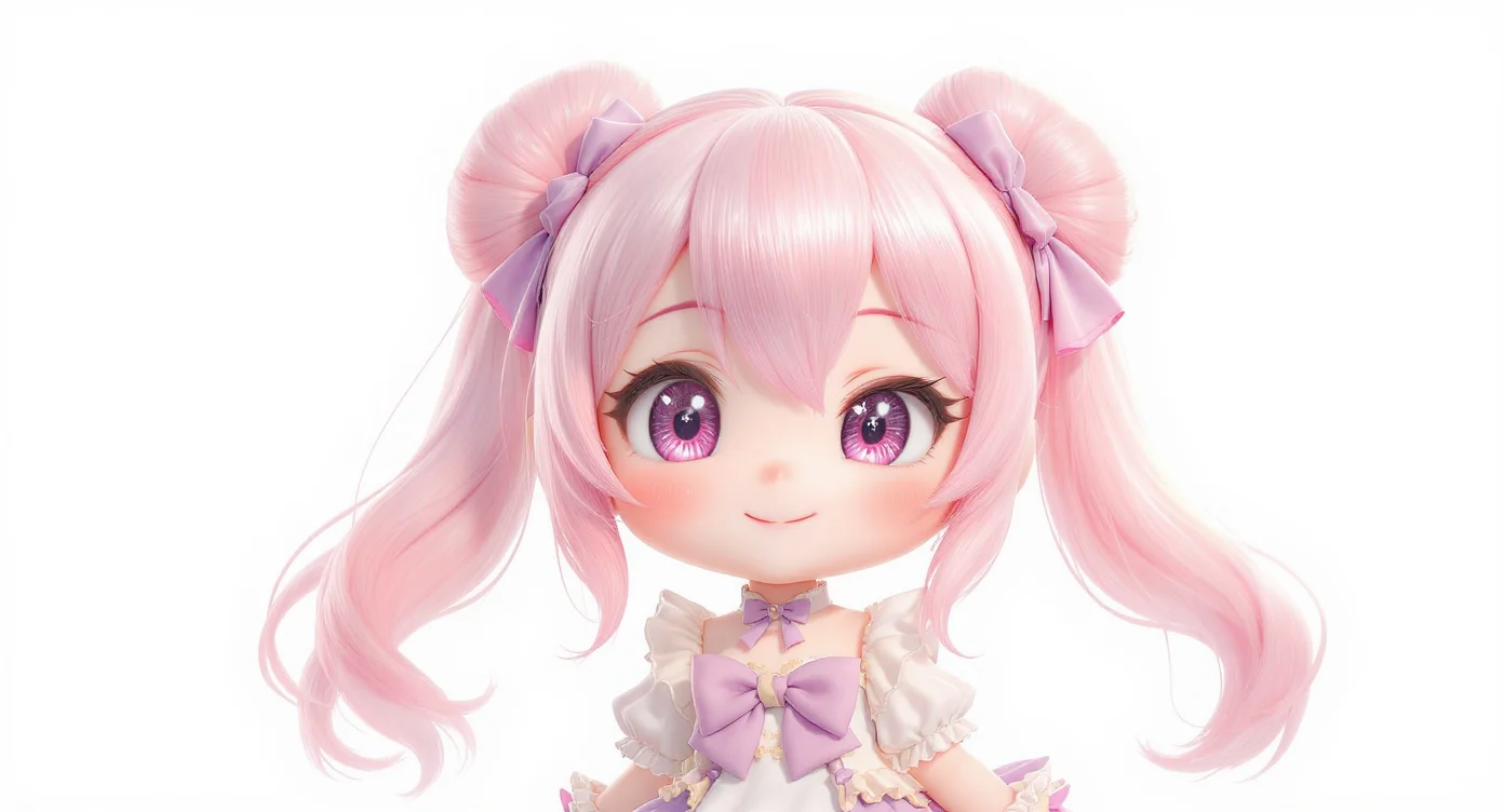A close-up of a 3D rendered chibi avatar of a girl with pink hair in twin buns, winking cheerfully against a plain white background.