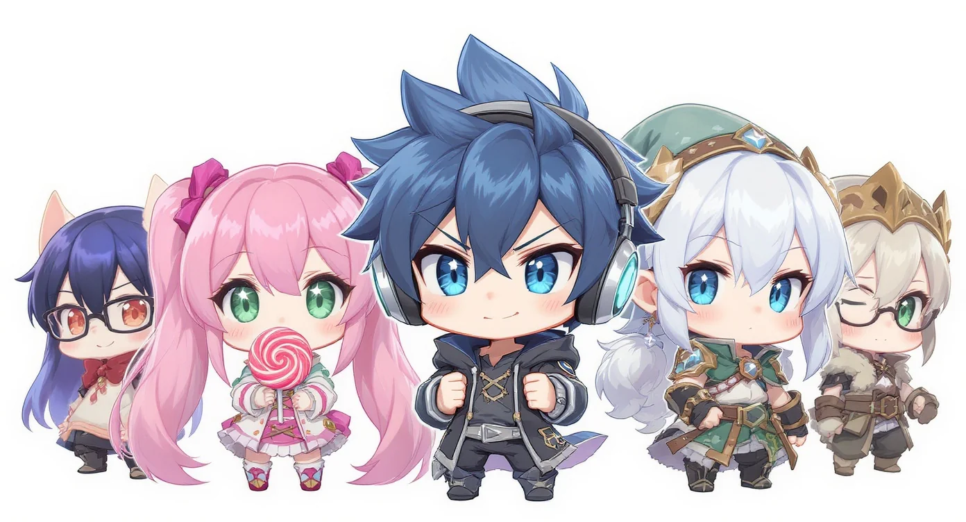 A collection of colorful and unique chibi-style avatars displayed on a white background, showcasing various characters and designs for online profiles.