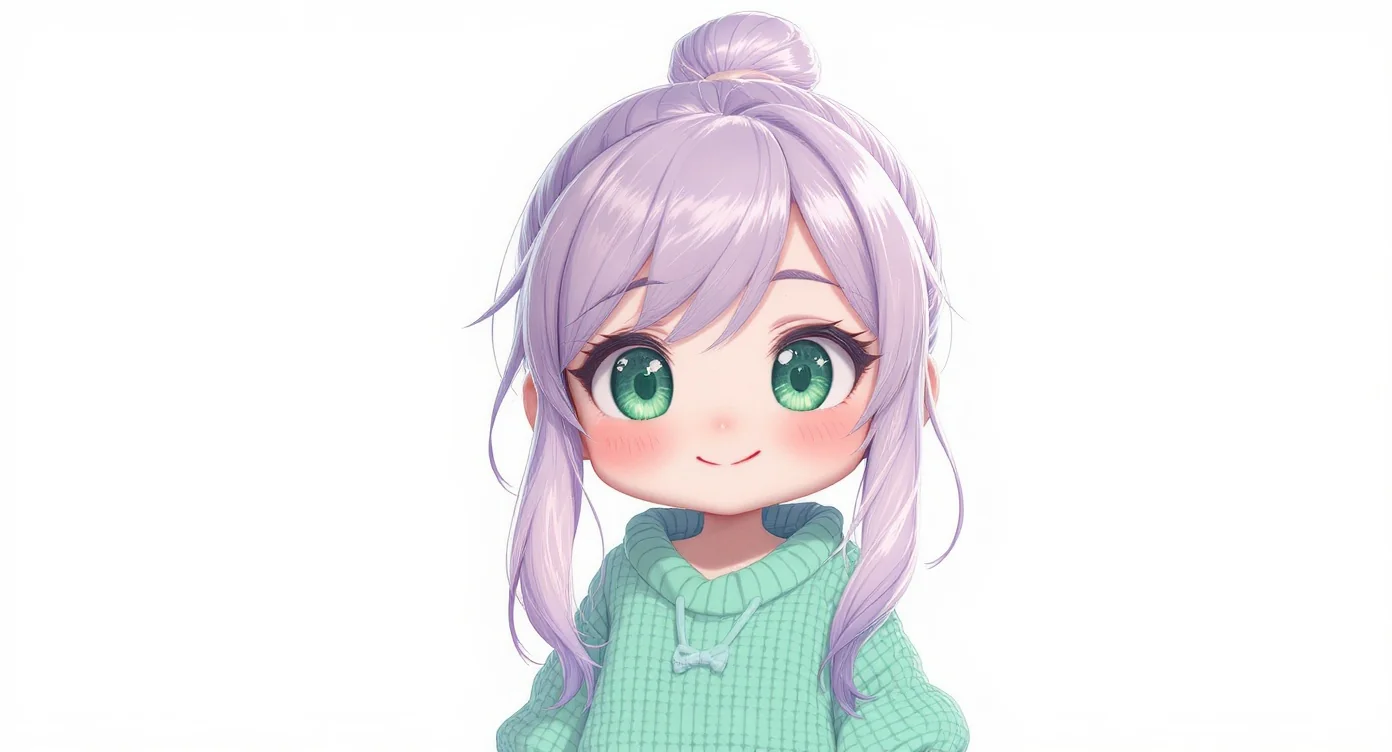 A close-up digital art mockup of a cute chibi avatar of a girl with lavender hair and green eyes, smiling joyfully against a solid white background.