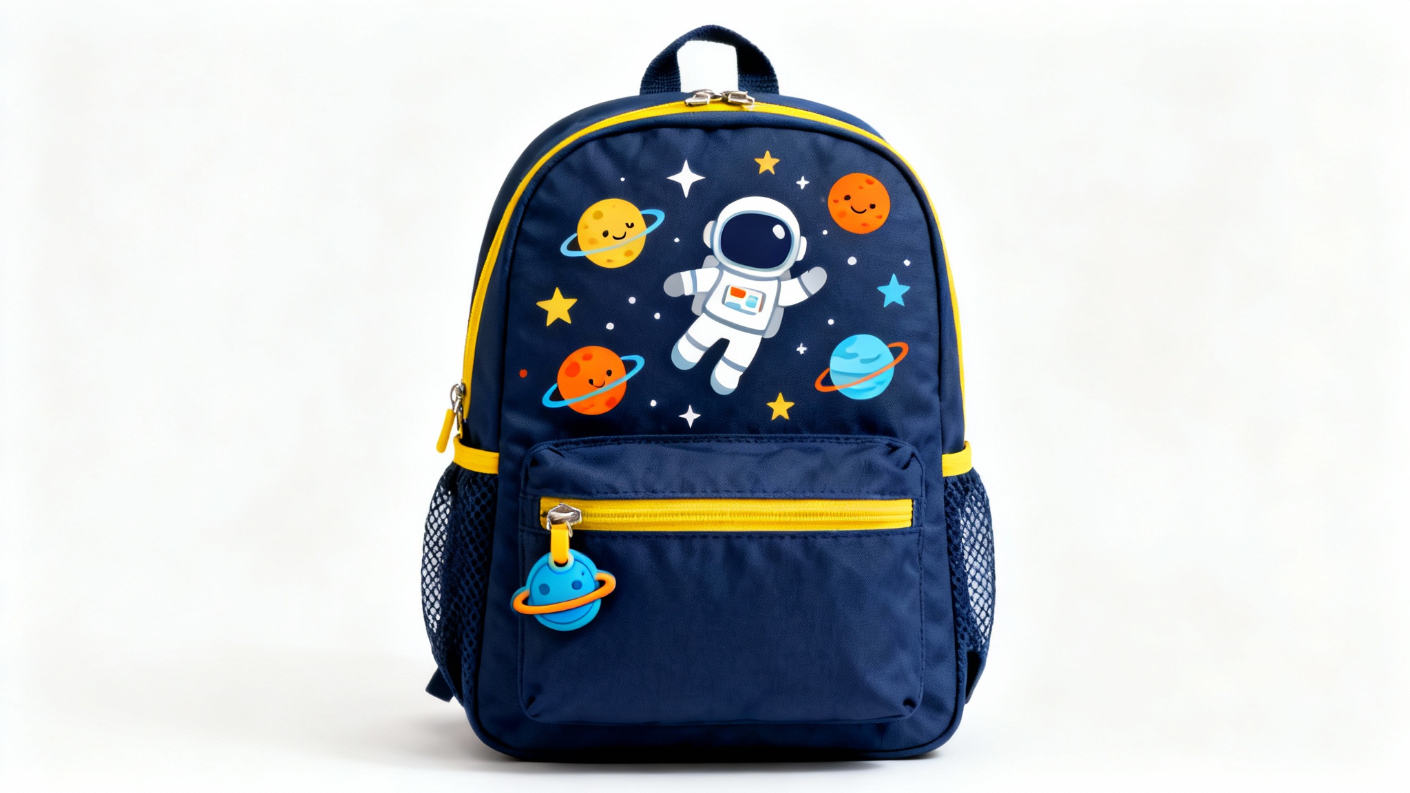 A professional product mockup of a kids' backpack with a cute astronaut and space theme, presented against a clean white background.