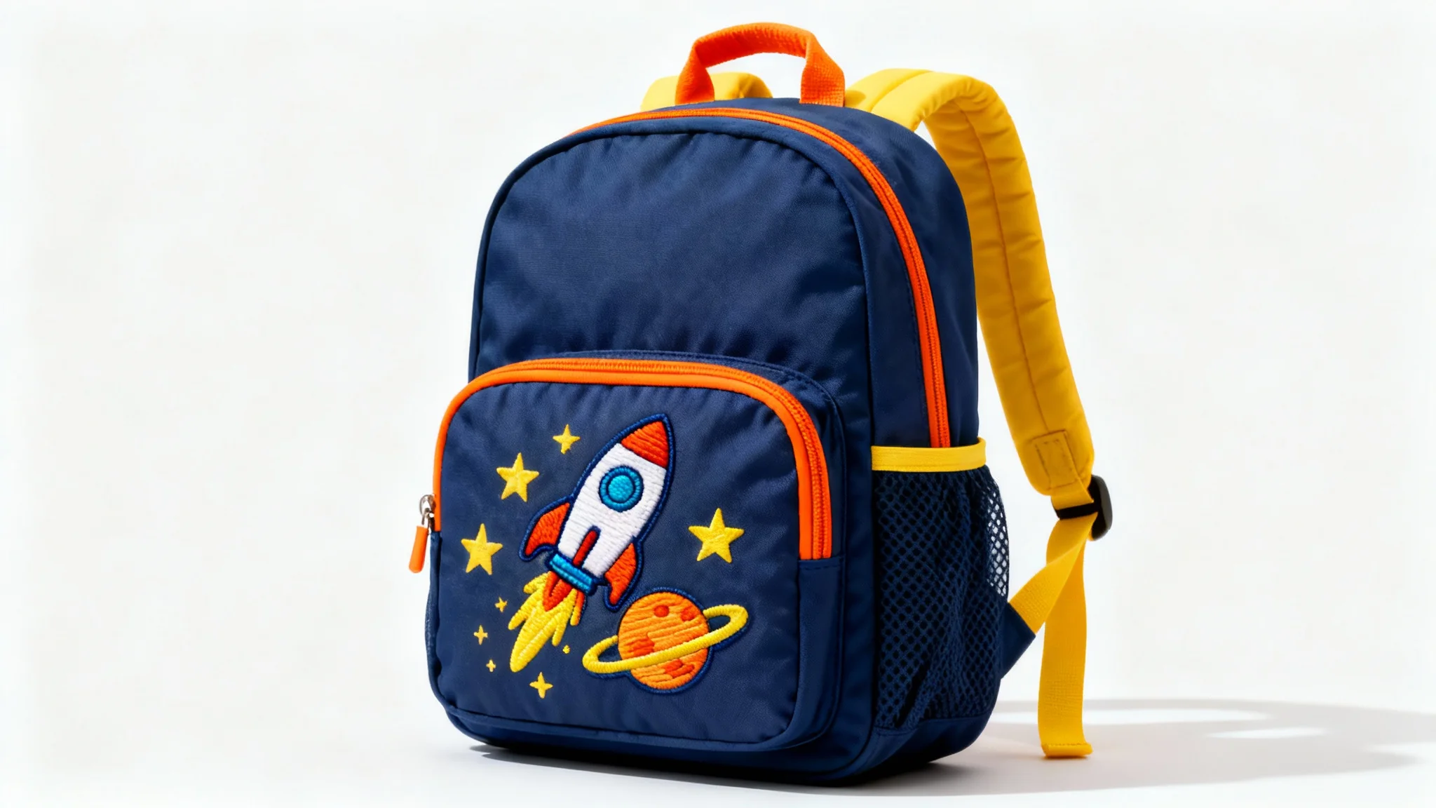 A child's navy blue backpack with a colorful embroidered rocket ship design, presented as a product mockup on a white background.