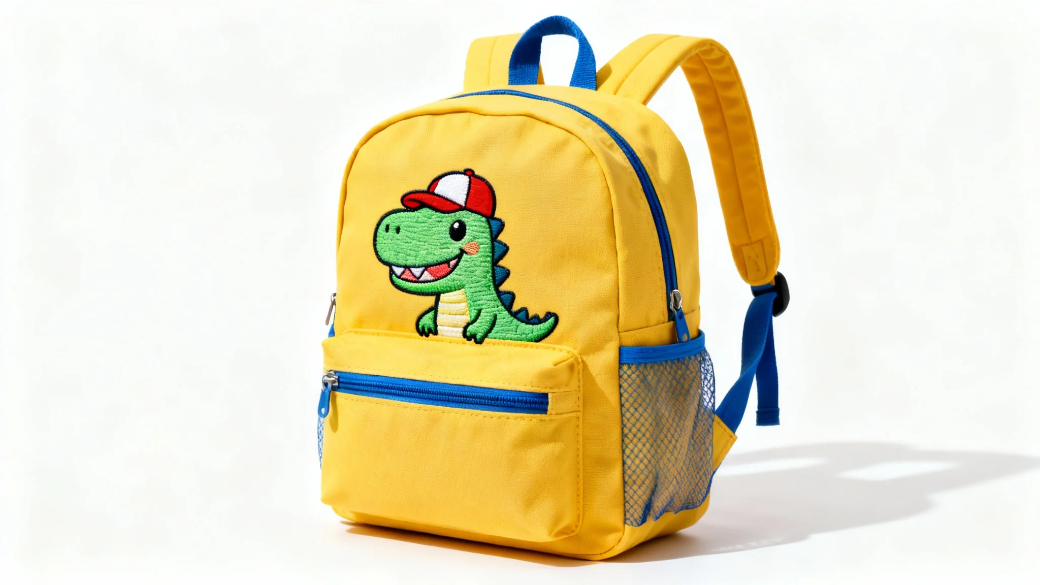 A photorealistic mockup of a yellow child's backpack featuring a cute embroidered dinosaur, shown on a clean white background.