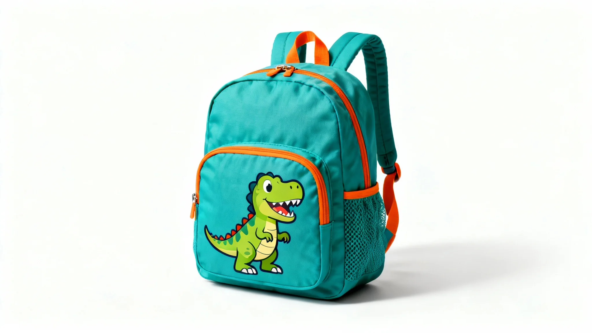 A professional product mockup of a teal-colored kids' backpack with a friendly cartoon dinosaur design, set against a clean white background.