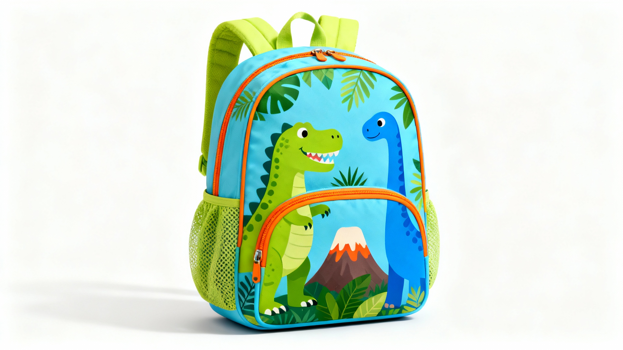A photorealistic mockup of a children's sky blue backpack with a cute dinosaur cartoon theme, set against a clean white background.