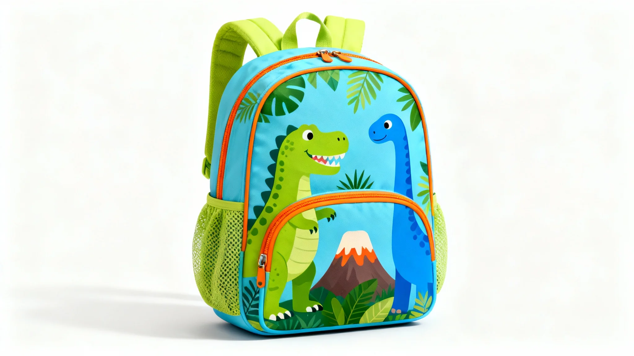 A photorealistic mockup of a children's sky blue backpack with a cute dinosaur cartoon theme, set against a clean white background.