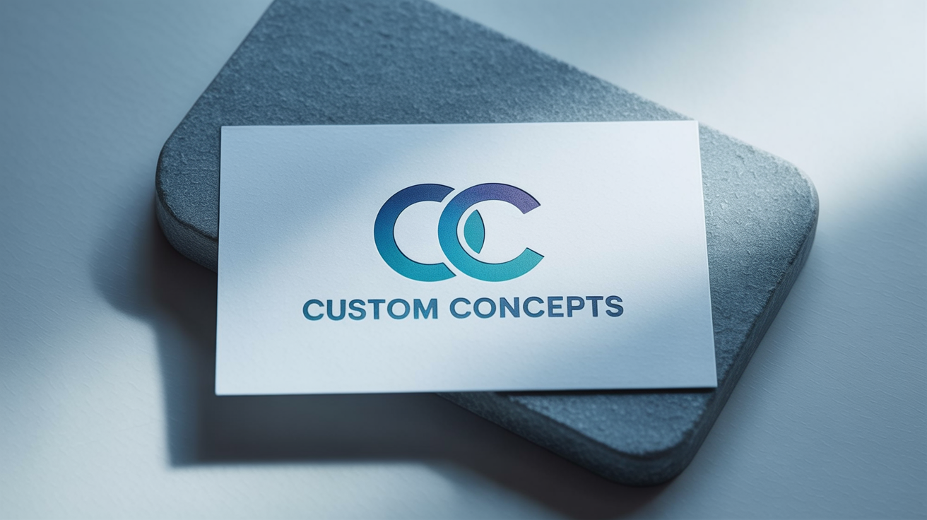 A professional mockup displaying a redesigned logo for 'Custom Concepts' on a business card and letterhead, featuring a modern 'CC' monogram in a blue and teal gradient.