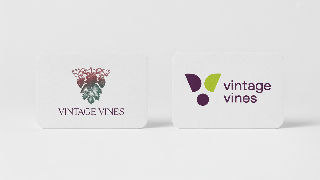 A side-by-side comparison of a logo redesign for a fictional company, 'Vintage Vines', showing a dated, complex logo on the left and a modern, minimalist logo on the right, all on a clean white background.