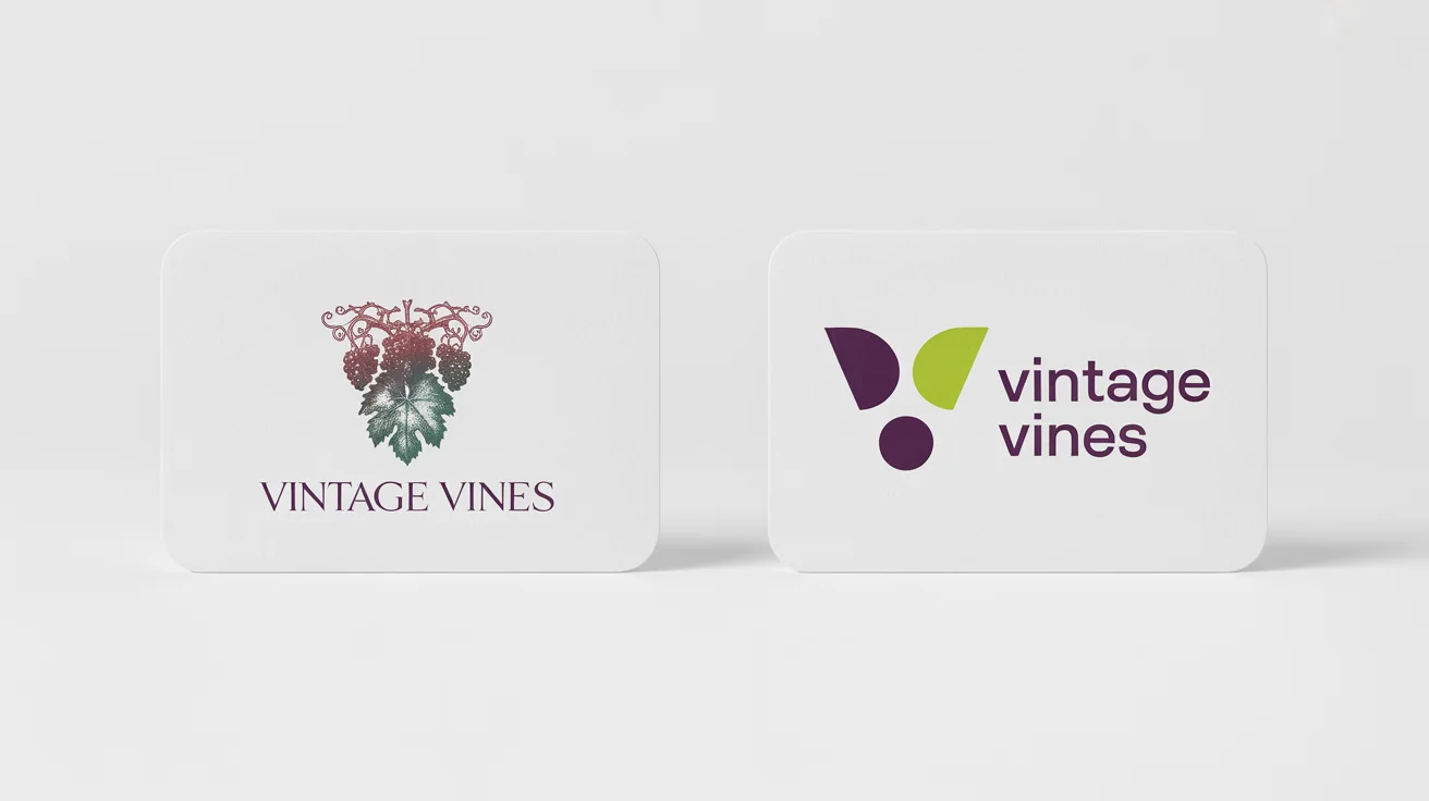 A side-by-side comparison of a logo redesign for a fictional company, 'Vintage Vines', showing a dated, complex logo on the left and a modern, minimalist logo on the right, all on a clean white background.