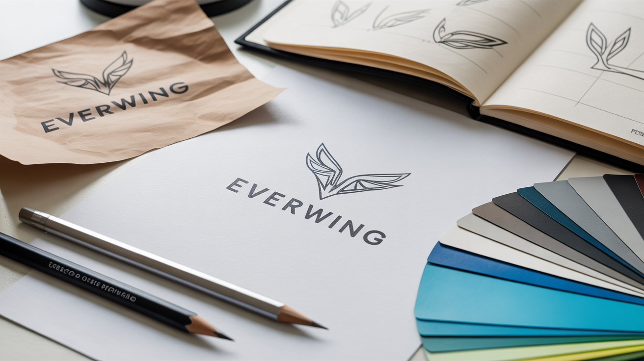 A flat lay photo depicting a logo redesign. An old, dated logo for the brand 'Everwing' is shown next to initial sketches and a final, modern version of the new logo, surrounded by design tools and color swatches on a white surface.